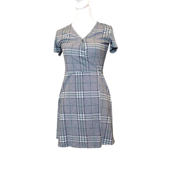 Zara Trafaluc plaid mini wrap dress V neck grey & white Women's size S - Picture 2 of 10